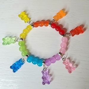 Handmade Kawaii Rainbow Gummy Bears Charm Beaded Stretch Bracelet Glass Beads